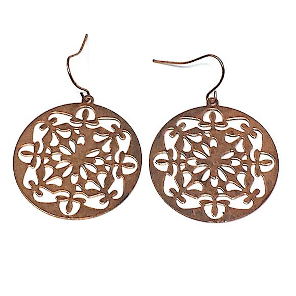 Copper Toned Cutout Disk Medallion Dangle Earrings